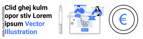 People engaging in online shopping with discount tags, shopping cart, and BUY button. Euro symbol in circular frame and placeholder text on left. Ideal for e-commerce, marketing, sales, discounts