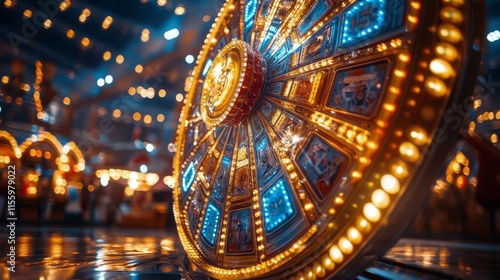 Vibrant fairground at dusk with colorful lights and spinning rides