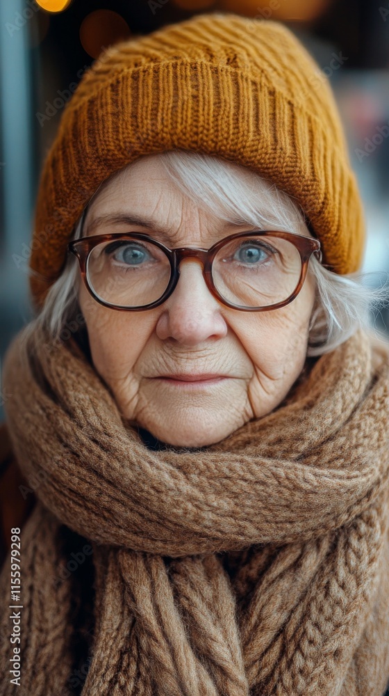 Elderly woman wearing a cozy sweater and scarf, showcasing a warm expression outdoors in winter Elderly woman wearing a cozy sweater and scarf, showcasing a warm expression outdoors in winter