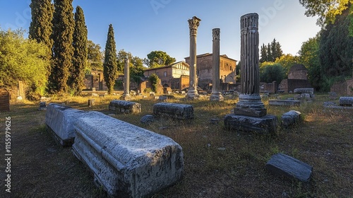 Rome, Italy's Roman Forum. vintage columns. remains of a Roman town in ancient Italy. The Vittoiano Museum is located beneath Piazza Venecia Square on the Capitoline Hill (Capitolium).  photo