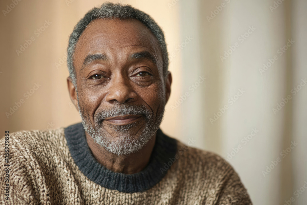 A portrait of a smiling senior African American man wearing a knitted sweater. A portrait of a smiling senior African American man wearing a knitted sweater.