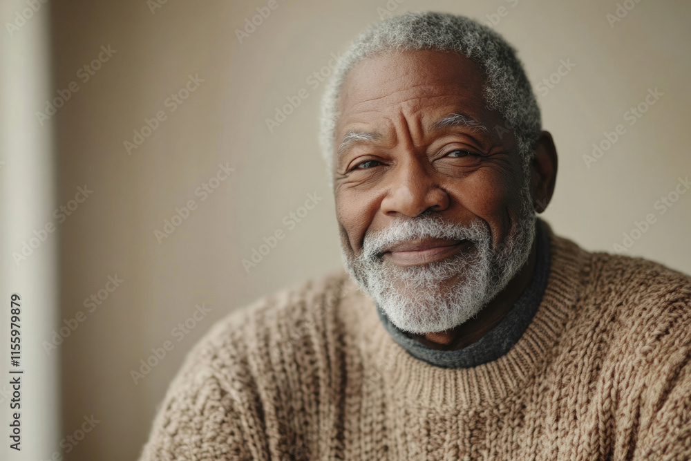 A portrait of a smiling senior African American man wearing a beige sweater. A portrait of a smiling senior African American man wearing a beige sweater.