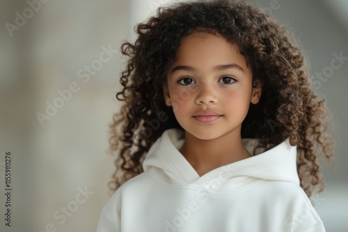 Young girl with curly hair wearing white hoodie in bright indoor space