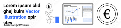 Hand with plant, Bitcoin icon, chart with graphs, Euro symbol, dummy text. Ideal for finance, investment, growth, data analysis, cryptocurrency, economics, digital marketing. Landing page