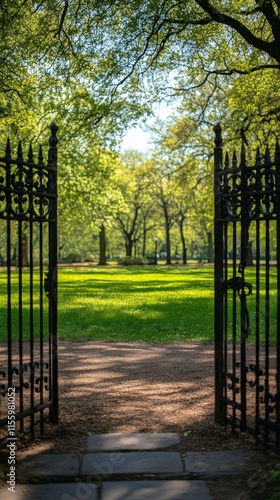 Open gates reveal a serene park landscape under bright sunlight and lush gree...