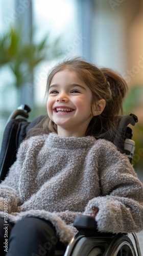 Smiling girl in a wheelchair enjoying a moment indoors surrounded by greenery