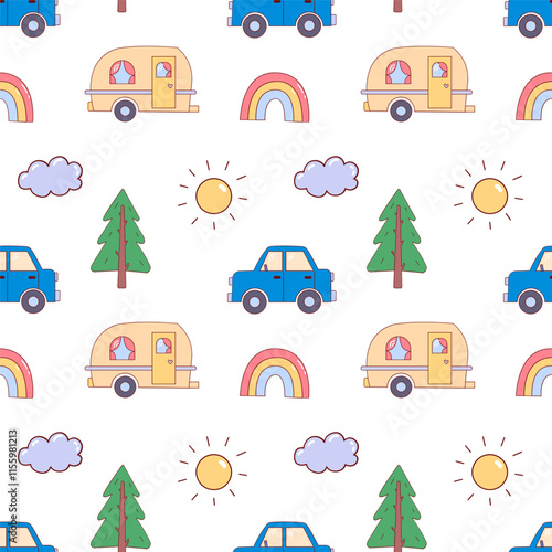 Cute Camper Van Seamless Pattern, Childish background