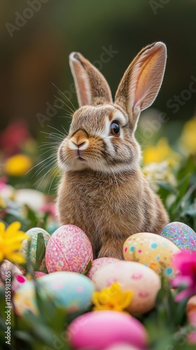 Cute rabbit surrounded by colorful Easter eggs in a vibrant garden setting du...