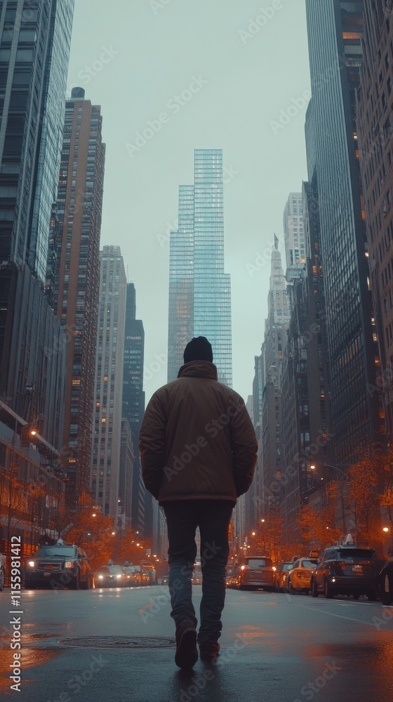 Man walking towards skyscraper in city street during foggy morning Man walking towards skyscraper in city street during foggy morning