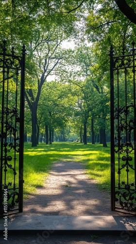 Open gates reveal a serene park landscape under bright sunlight and lush gree...