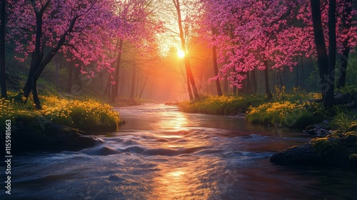 Serene stream flowing through a forest with blooming pink flowers and lush gr...
