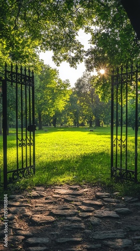 Open gates reveal a serene park landscape under bright sunlight and lush gree...