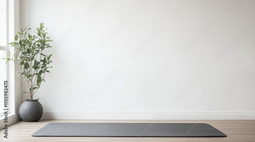 Serene minimalist space with yoga mat and plant for calm meditation practice Serene minimalist space with yoga mat and plant for calm meditation practice