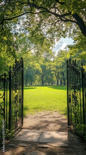 Open gates reveal a serene park landscape under bright sunlight and lush gree...