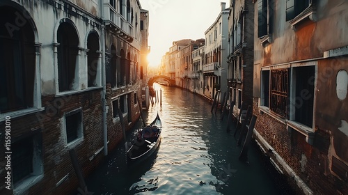 Gondola glides through Venetian canal at sunset