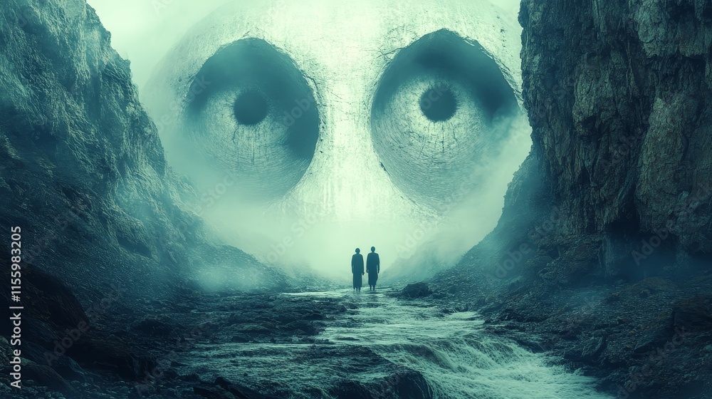 A man and a woman are walking through a dark, foggy forest A man and a woman are walking through a dark, foggy forest