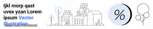 City buildings with solar panels, wind turbines, plants, and large percentage symbol. Ideal for renewable energy, eco-friendly, sustainable cities, environmental awareness, green living, clean