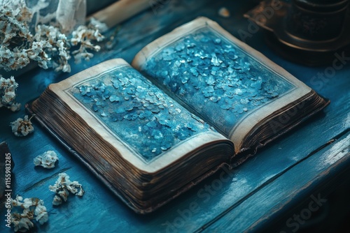 Open antique book on a wooden table with ornate decorations and soft lighting
