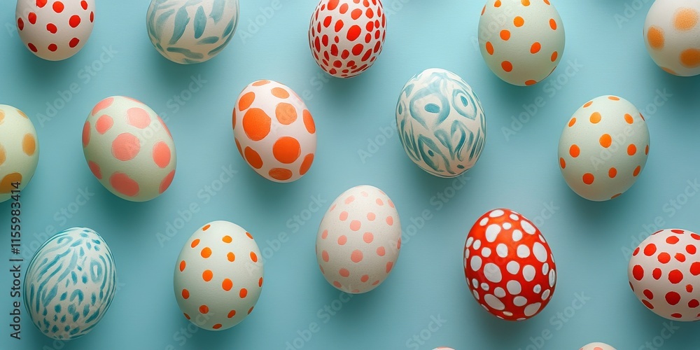 Festively decorated eggs arranged on a light blue background for spring celebration craft activity Festively decorated eggs arranged on a light blue background for spring celebration craft activity