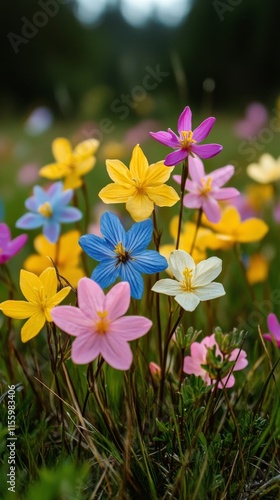 Vibrant wildflower meadow bursting with color in springtime sunshine