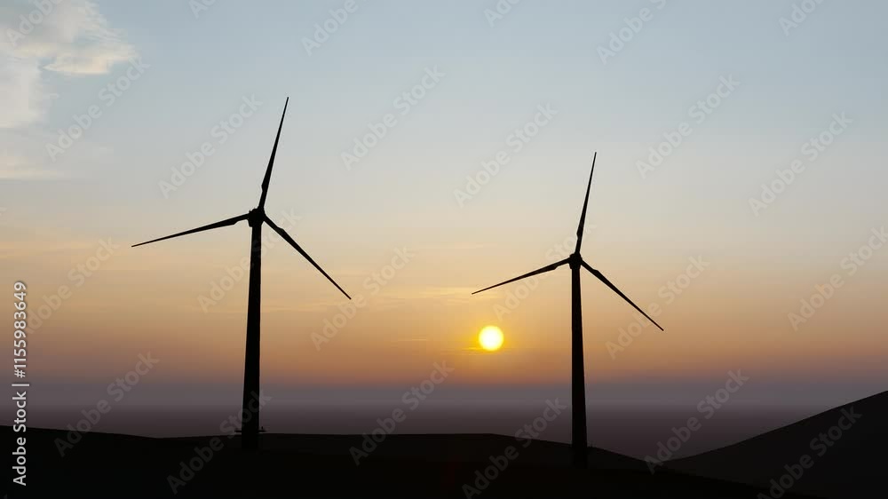 Wind power plant towers in mountains at sunset.Windmill farm. Sustainable energy production. Green energy, clean power, clean energy concept. Wind power plant towers in mountains at sunset.Windmill farm. Sustainable energy production. Green energy, clean power, clean energy concept.