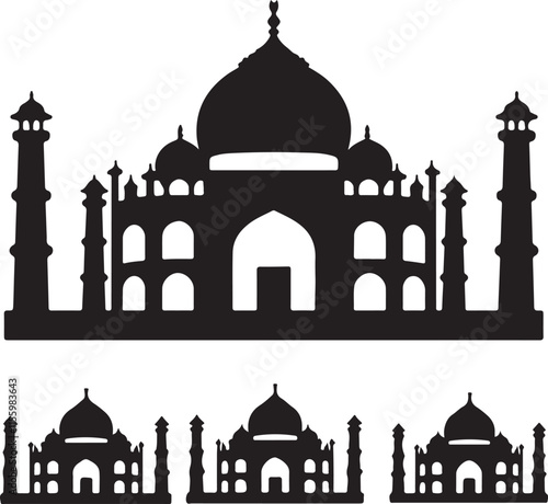 A vector illustration of a silhouette of the Taj Mahal. The Taj Mahal is a white.