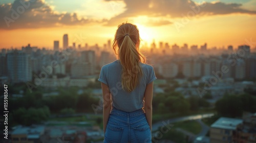 Woman in an orange coat overlooking a city skyline at dusk