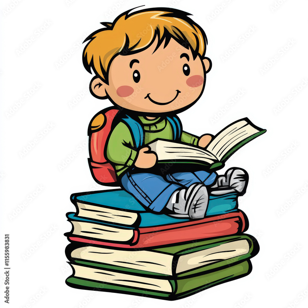 Happy young boy reading a book while sitting on a stack of colorful books, promoting literacy and a love for learning in children Happy young boy reading a book while sitting on a stack of colorful books, promoting literacy and a love for learning in children