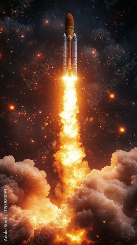 Rocket ascending through clouds in a vibrant cosmic atmosphere during a space...