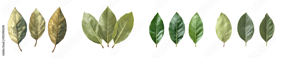 A row of various green leaves, each with different shapes and textures, arranged side by side, cut out. A row of various green leaves, each with different shapes and textures, arranged side by side, cut out.