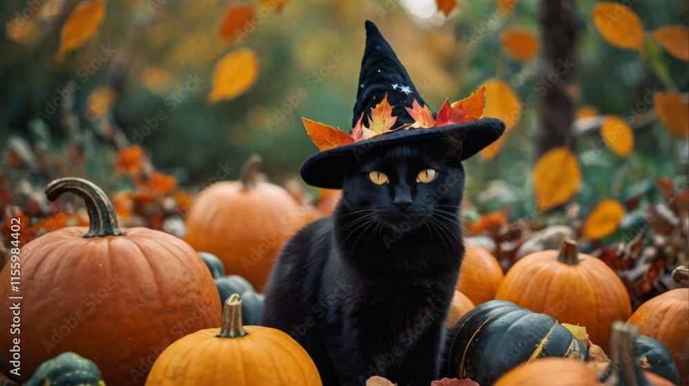 A black cat plushie wearing a witch hat A black cat plushie wearing a witch hat