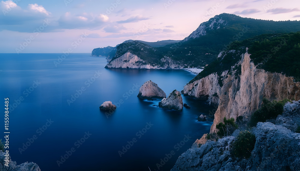 Stunning Seascape at Dusk: Serene Ocean, Dramatic Cliffs, and Tranquil Blue Waters Stunning Seascape at Dusk: Serene Ocean, Dramatic Cliffs, and Tranquil Blue Waters