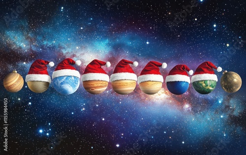 Planets in Santa hats against a cosmic backdrop. photo