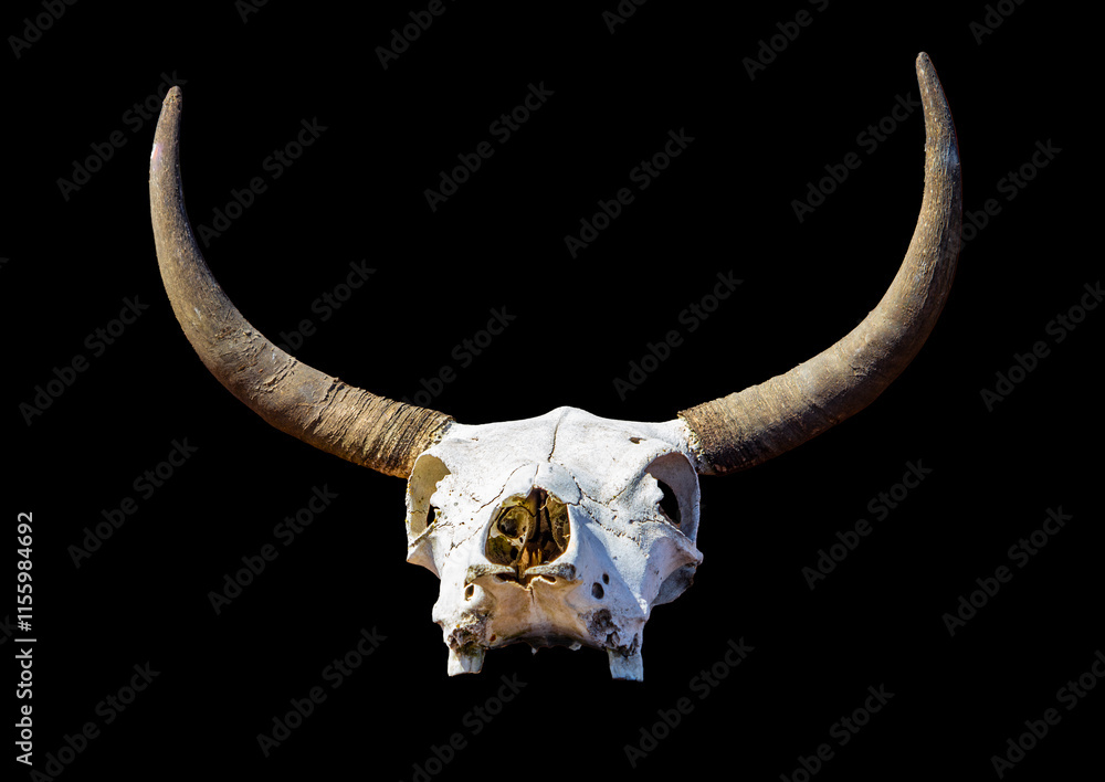 Detailed image of a bull skull with large, curved horns is set against a black background.