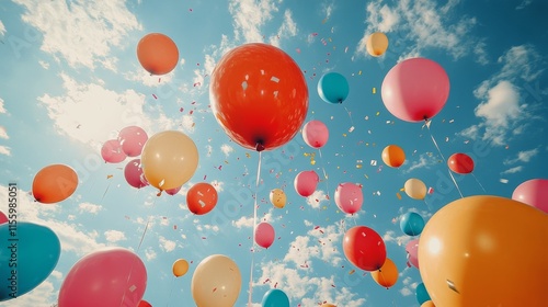 Colorful balloons floating in a clear blue sky during a festive celebration
