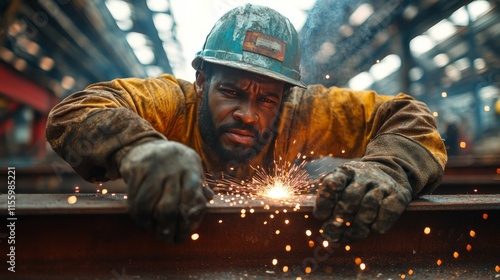 Happy worker smiling in safety gear while handling metal at construction site...
