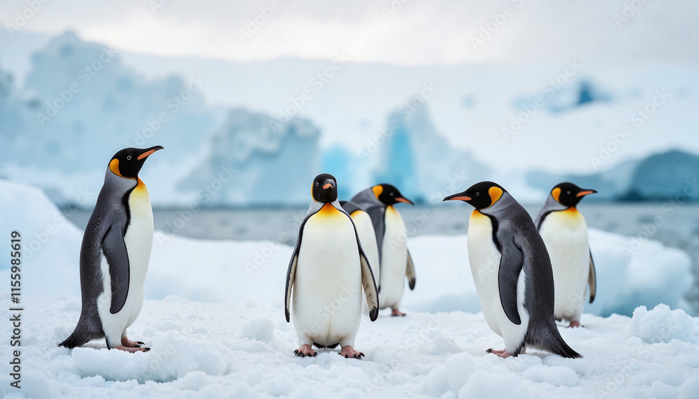 Obraz premium Group of penguins standing on snow in a cold landscape