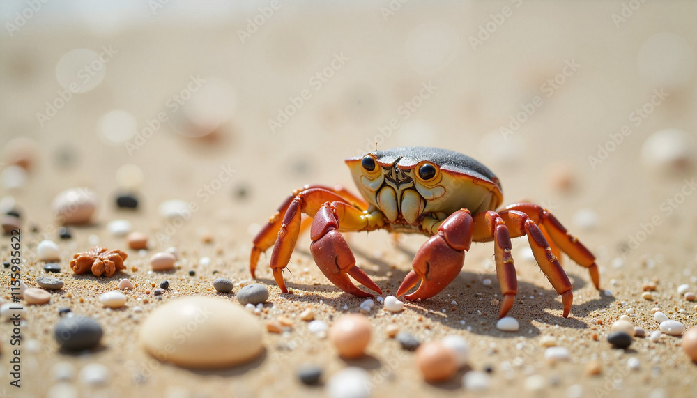 Crab walking on sandy beach with seashells Crab walking on sandy beach with seashells
