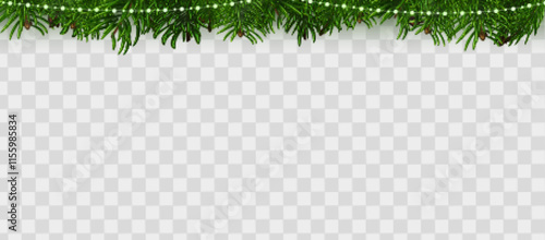 Christmas tree garlands on transparent background. Christmas lights decoration for holiday banners, cards, party posters. Vector