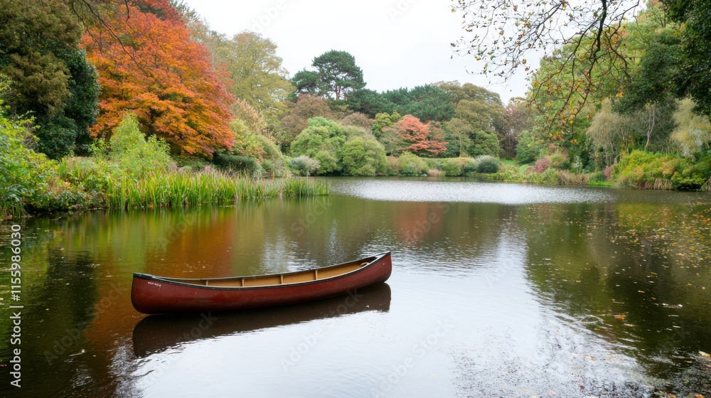 Tranquil autumn lake with canoe surrounded by vibrant foliage for nature relaxation Tranquil autumn lake with canoe surrounded by vibrant foliage for nature relaxation