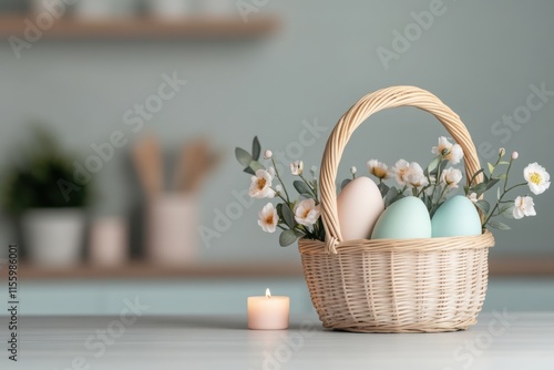 easter decor inspiration, an elaborate easter basket on a wooden table in a modern kitchen, adorned with pastel candles and floral decor, exuding a joyful spring vibe photo