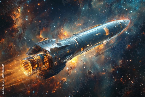 Futuristic spacecraft traveling through a vibrant cosmic landscape filled wit...