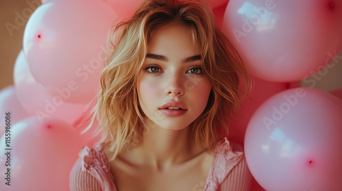 Smiling woman with pink balloons in a bright outdoor setting