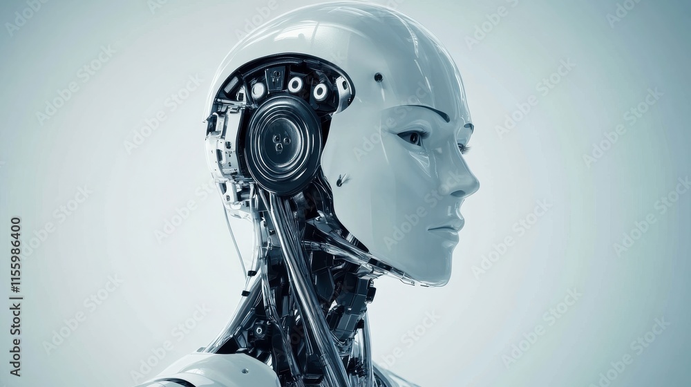 Realistic Robot Head with Clean Background and Bright Light