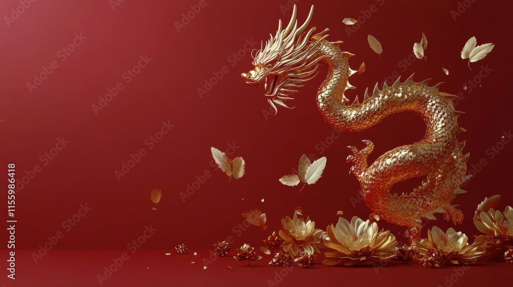 Golden dragon emerges amidst lotus flowers and golden leaves on a red background Golden dragon emerges amidst lotus flowers and golden leaves on a red background
