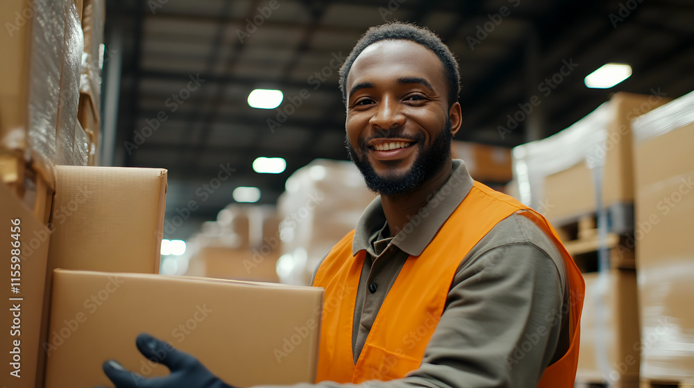Obraz premium A warehouse worker scanning a box while smiling at the camera, emphasizing a positive, efficient work environment.