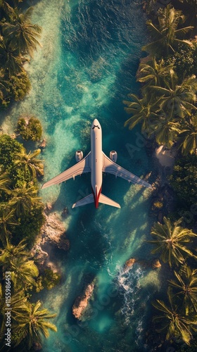 Airplane flying over lush greenery and tranquil waters in a tropical location