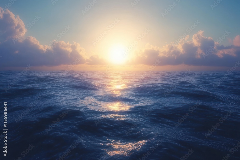 Serene sunset over a vast, wavy ocean; golden sun reflecting on dark blue water with clouds. Serene sunset over a vast, wavy ocean; golden sun reflecting on dark blue water with clouds.
