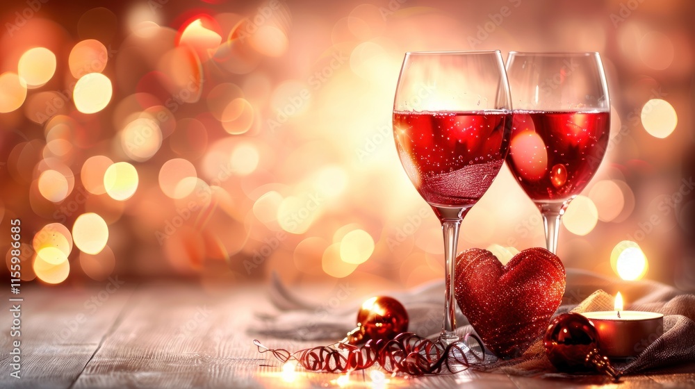 Romantic Valentine's Day Dinner: Two Glasses of Red Wine, Heart, Candlelight Romantic Valentine's Day Dinner: Two Glasses of Red Wine, Heart, Candlelight