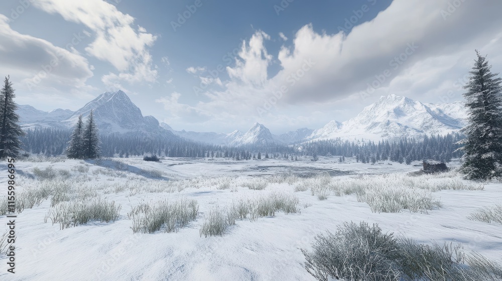 A wide-angle shot of a pristine winter landscape, with snow-covered pine trees and distant snowy mountains under a cloudy sky. A wide-angle shot of a pristine winter landscape, with snow-covered pine trees and distant snowy mountains under a cloudy sky.